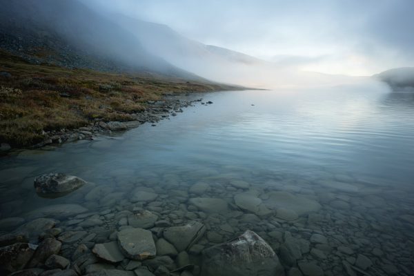 View north; the first rays of sunlight hit the lakeshore