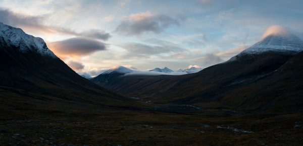 Sunrise behind Rijddatjåhkkå; view from the campsite