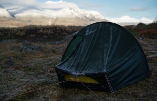 My tent with mountain backdrop