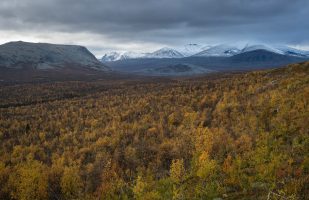 Gállakvárre (left) and the snow-capped peaks of the Pårte massif