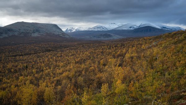 Gállakvárre (left) and the snow-capped peaks of the Pårte massif